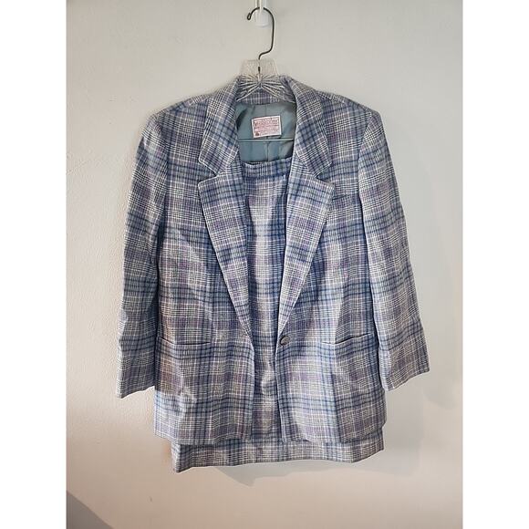 Vtg Pendleton Women Sz 10 Wool Suit Skirt Blazer Jacket Blue Pink Tartan Plaid - Picture 1 of 9